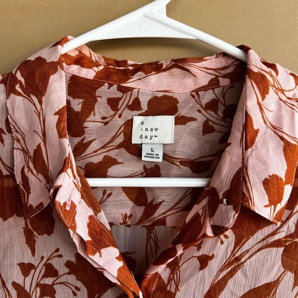 A New Day Floral Sheer Button Down Shirt - Size L - Picture 3 of 7